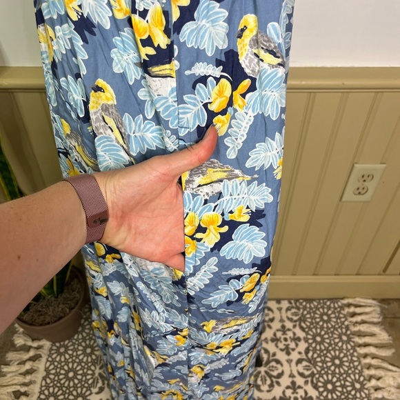 Patagonia Pataloha Strappy Maxi Dress L Blue Yellow Bird Floral Pockets Vacation - Picture 7 of 14